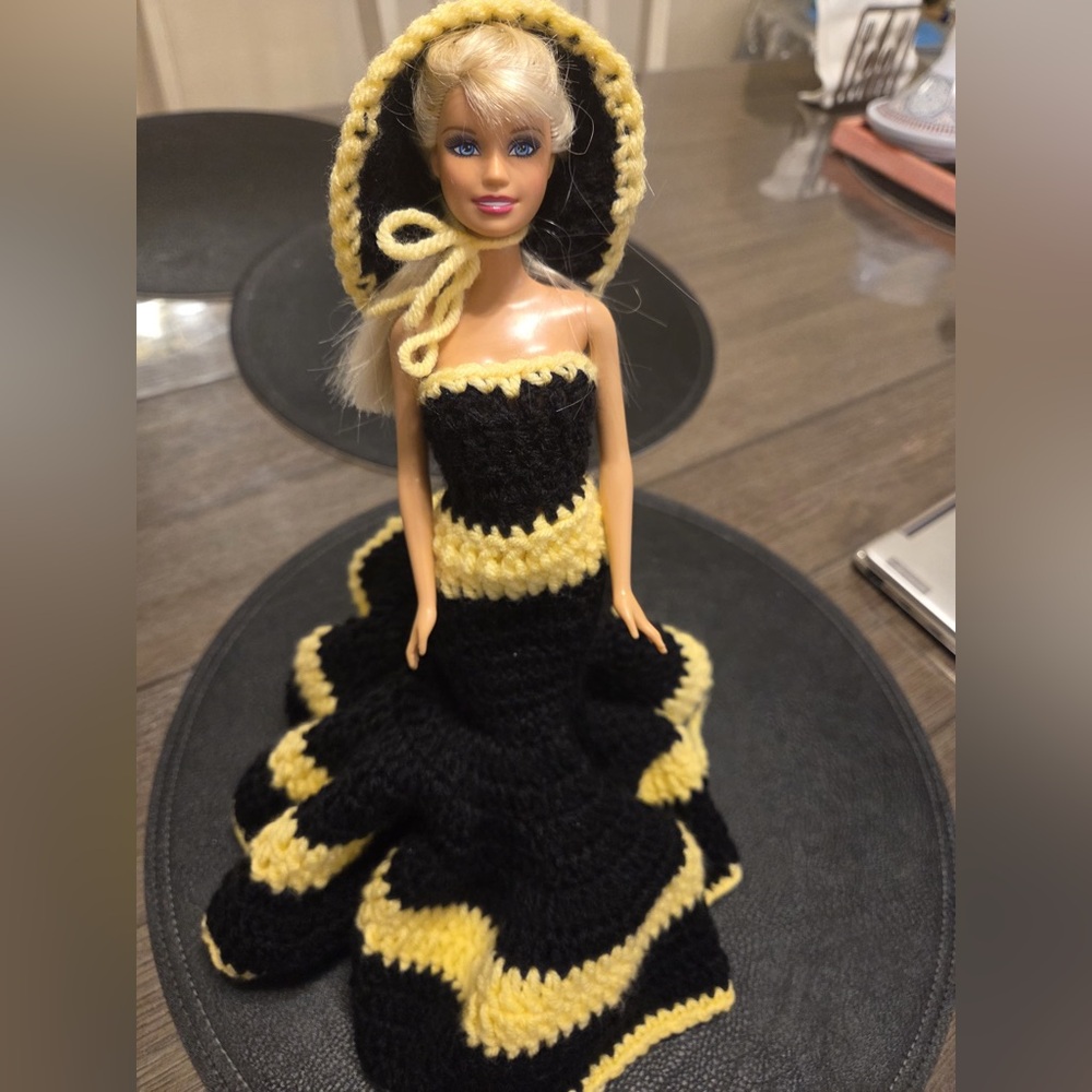 Barbie in Black and Yellow Crochet Doll Dress